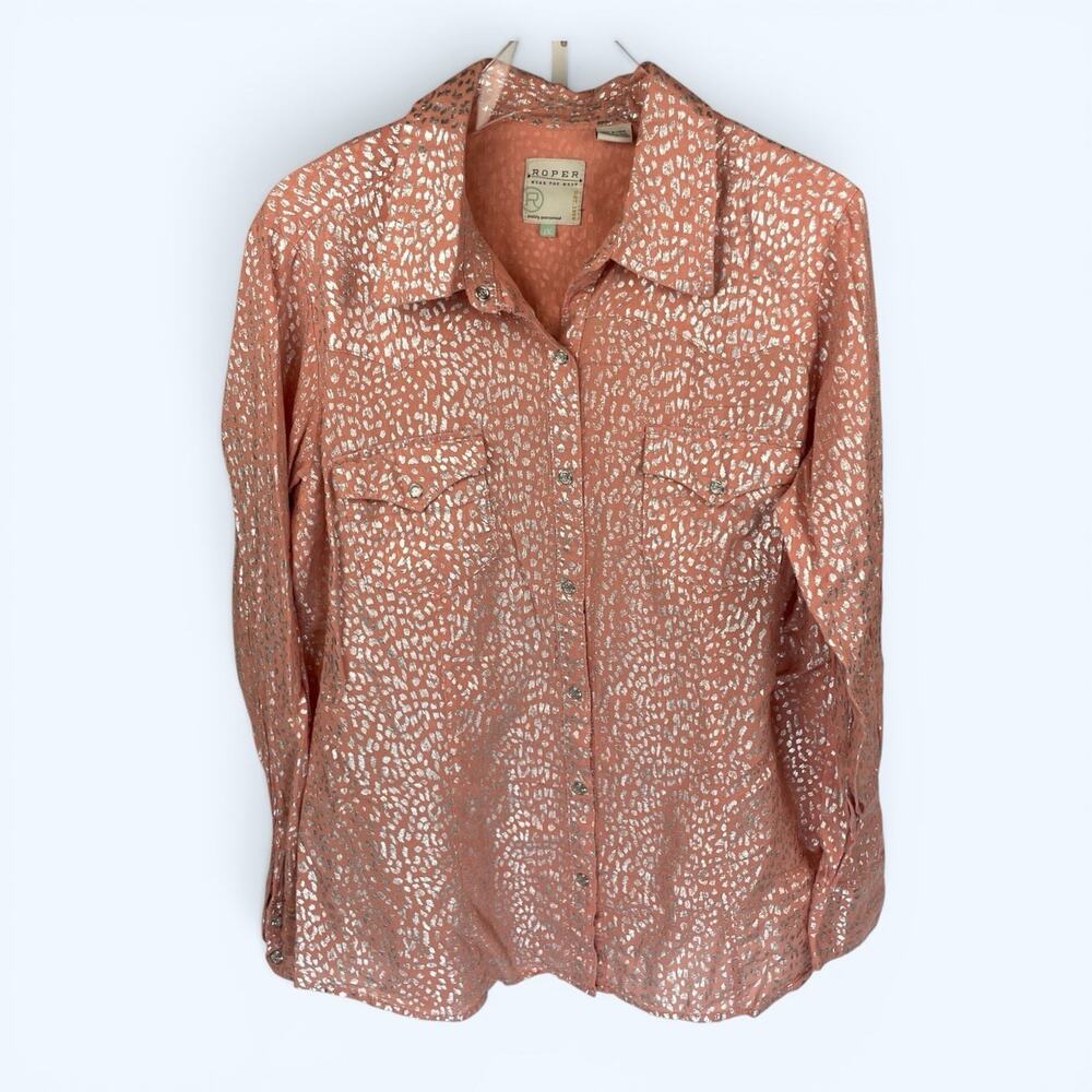 Roper Women's Snap-down Shirt Metallic Leopard Spot Print Pink 1X